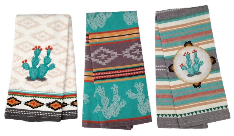 Simply Southwest Cactus Kitchen Towels - Set of 3 Colorful Terry Towels - Woven Jacquard Pattern - Ornamented Cactus Design